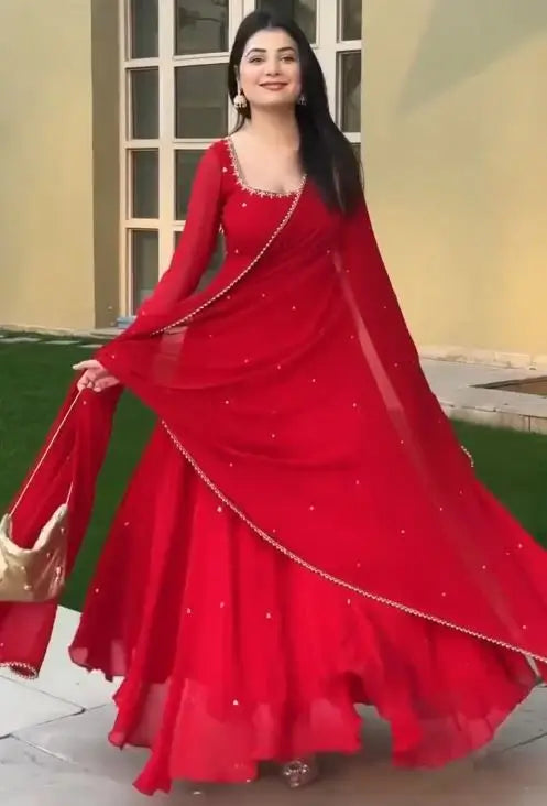 Elegant Faux Georgette Gown Pant Dupatta Set for Festive and Occasion Wear