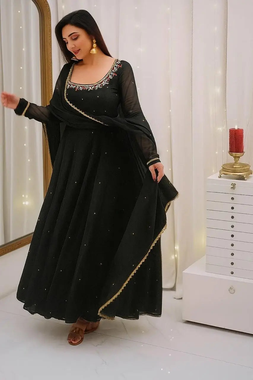 Elegant Faux Georgette Gown Pant Dupatta Set for Festive and Occasion Wear