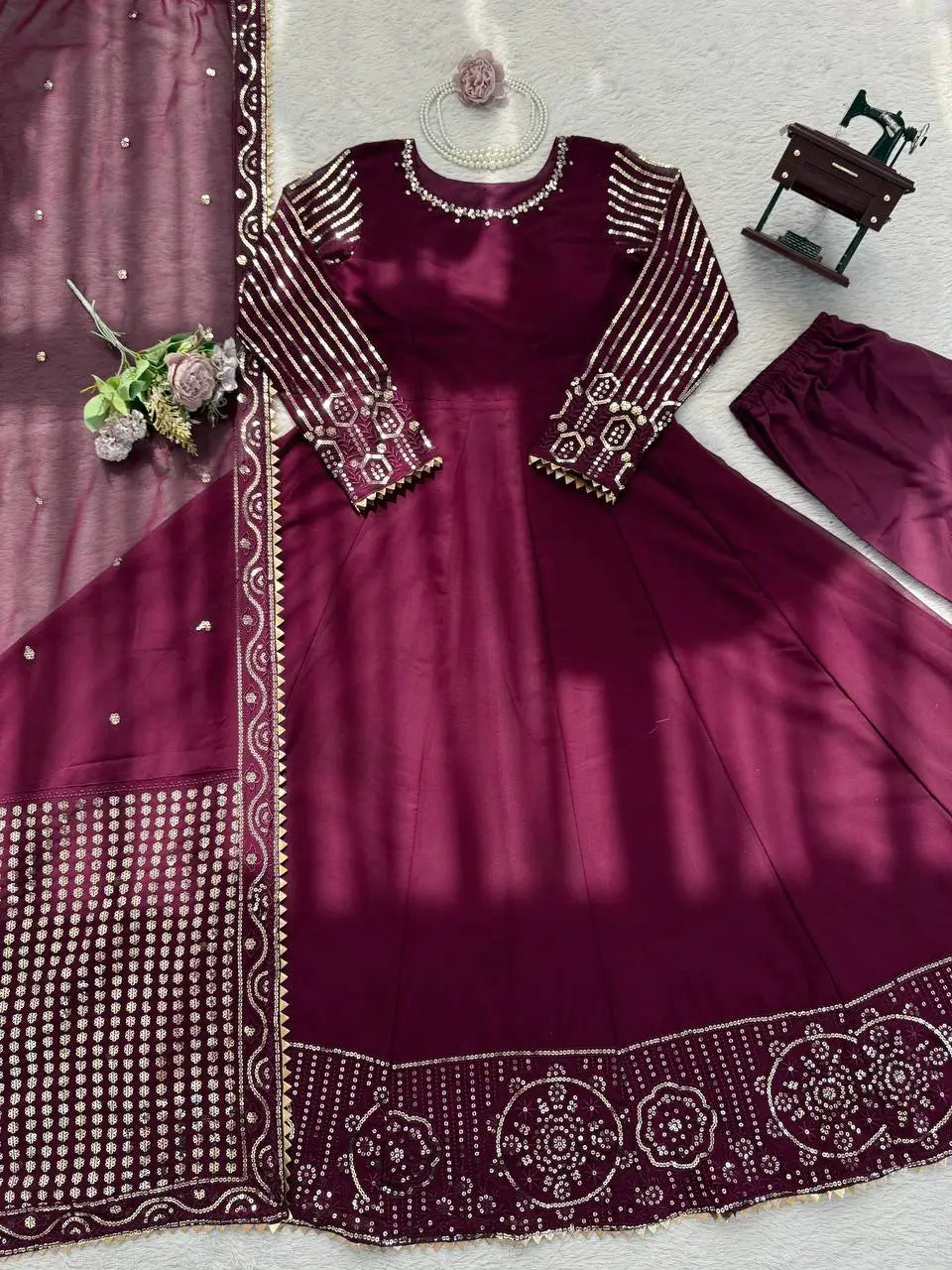 Elegant Faux Georgette Gown Set for Festive and Wedding Occasions