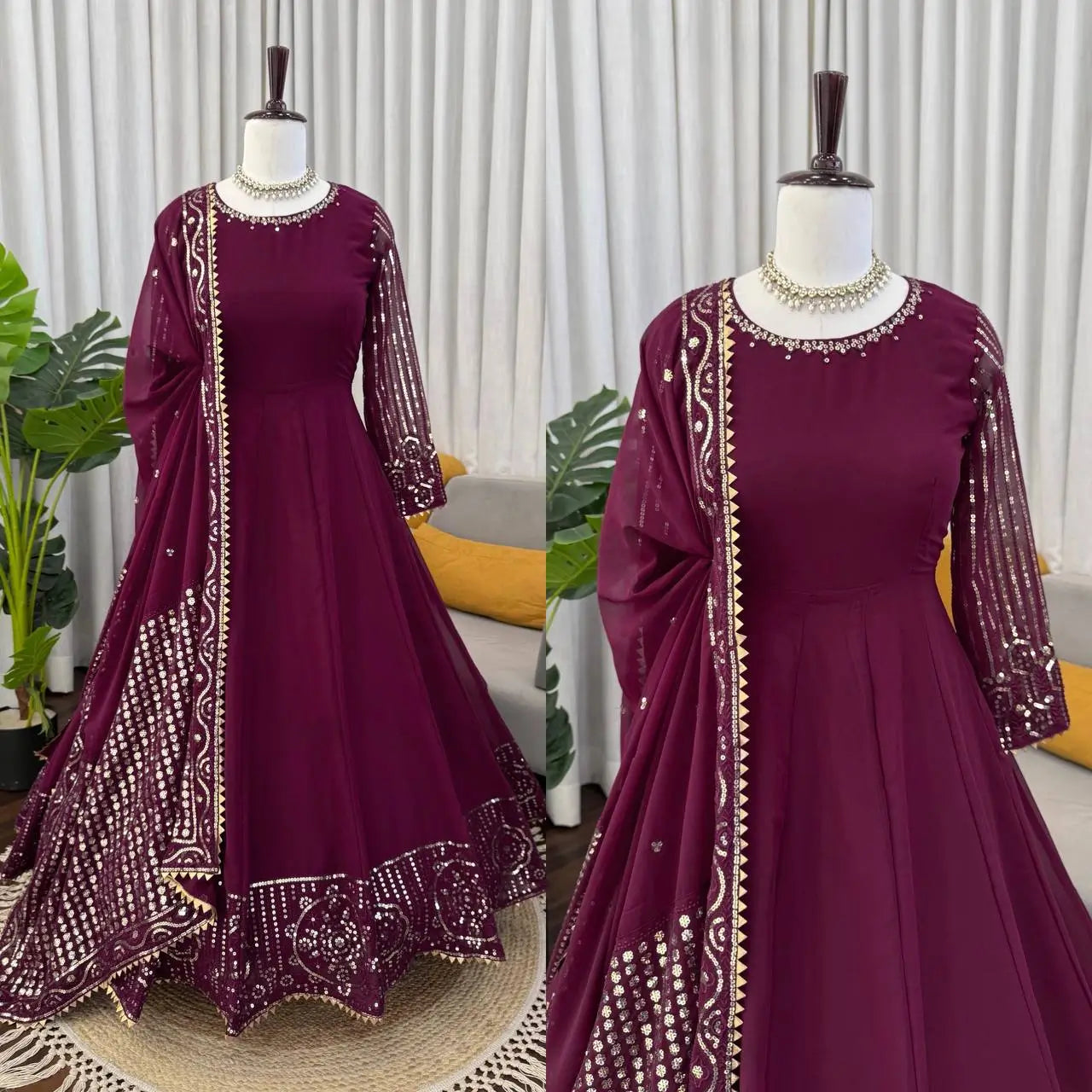 Elegant Faux Georgette Gown Set for Festive and Wedding Occasions