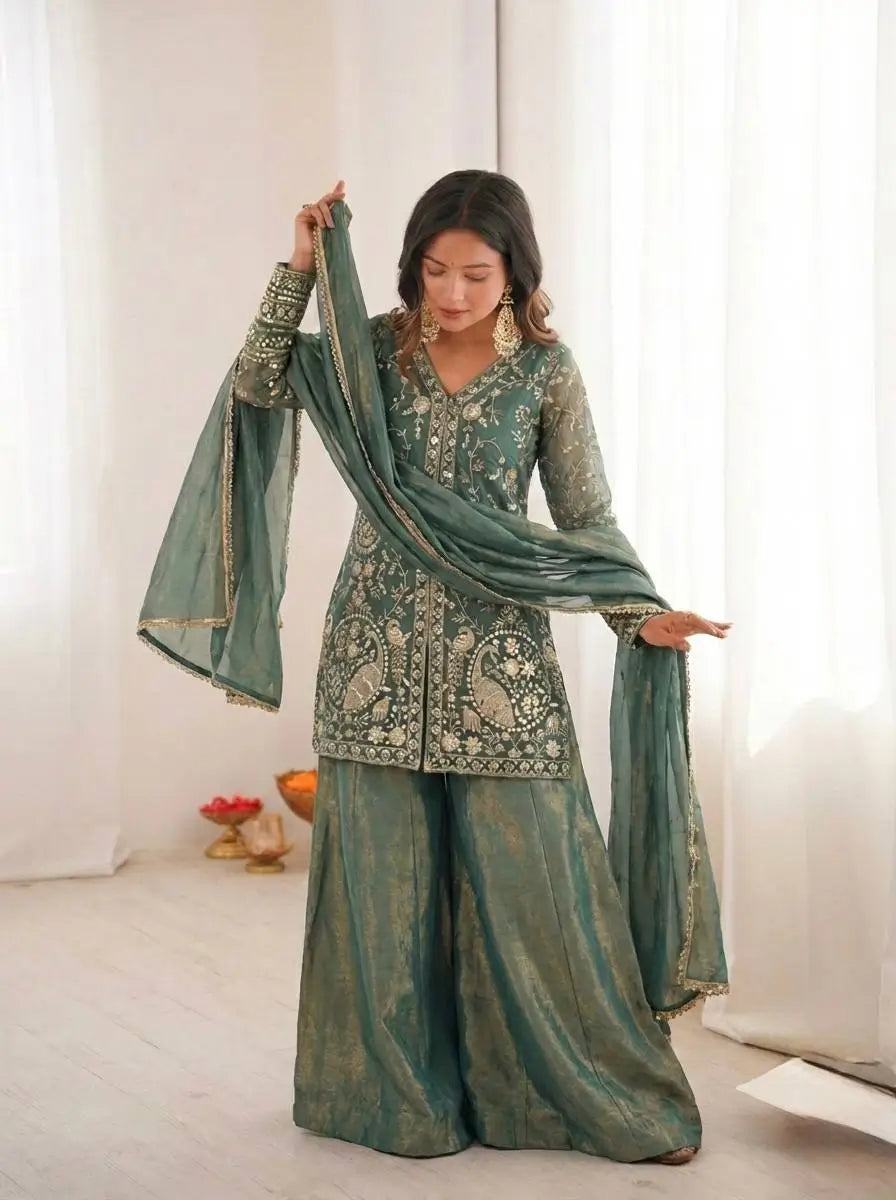 Elegant Fendy Silk Palazzo Suit Set for Festive and Occasion Wear