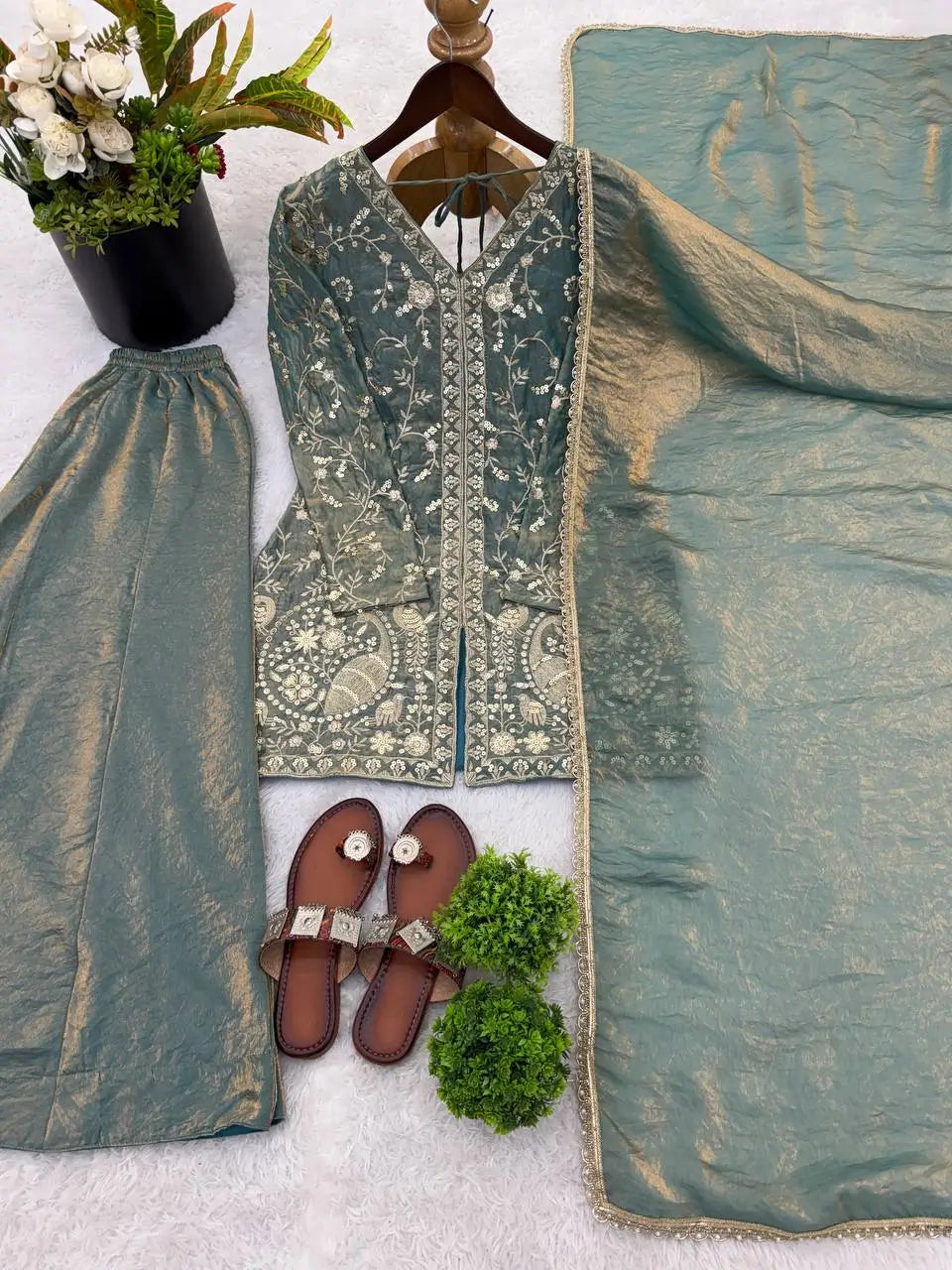 Elegant Fendy Silk Palazzo Suit Set for Festive and Occasion Wear