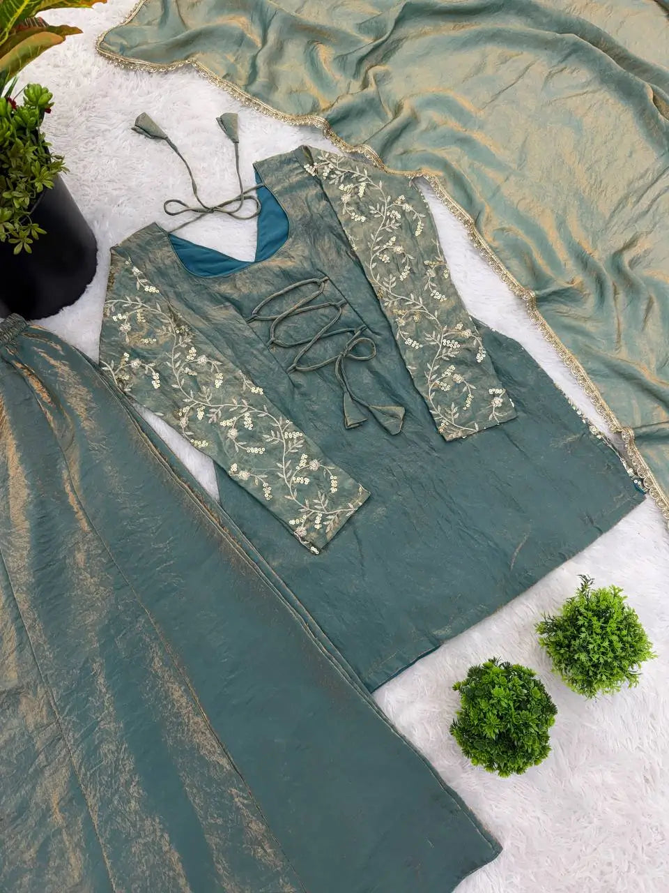 Elegant Fendy Silk Palazzo Suit Set for Festive and Occasion Wear