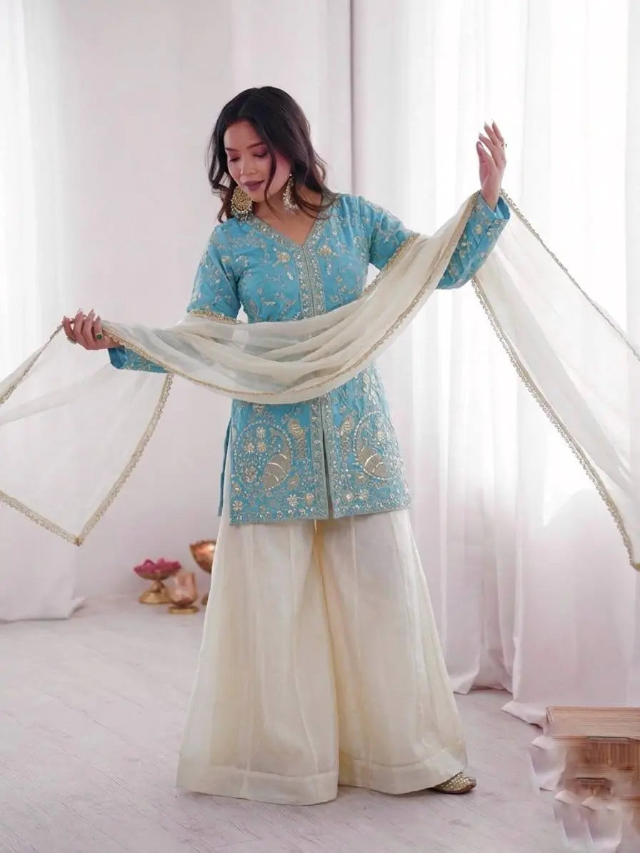 Elegant Fendy Silk Palazzo Suit Set for Festive and Occasion Wear
