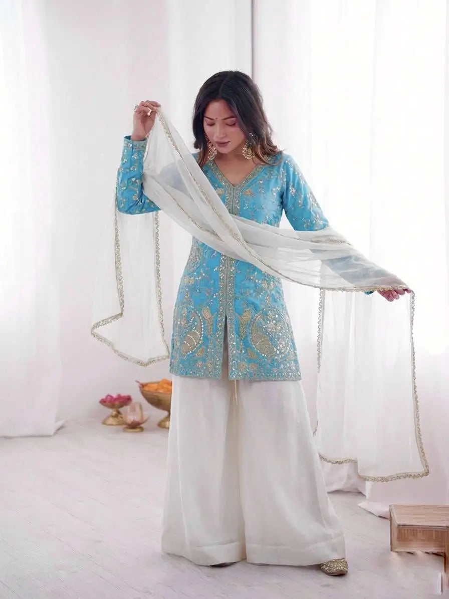 Elegant Fendy Silk Palazzo Suit Set for Festive and Occasion Wear