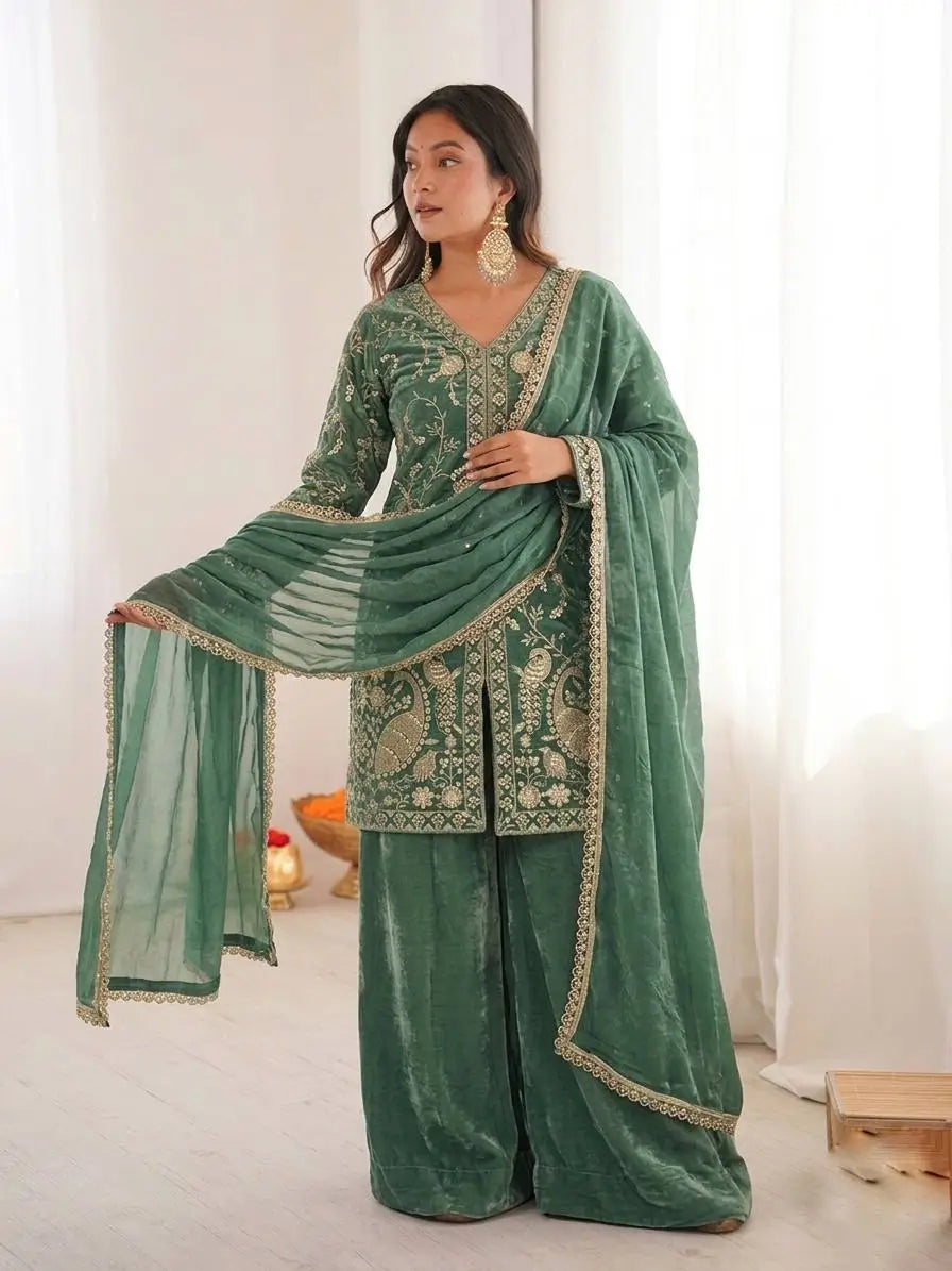 Elegant Fendy Silk Palazzo Suit Set for Festive and Occasion Wear
