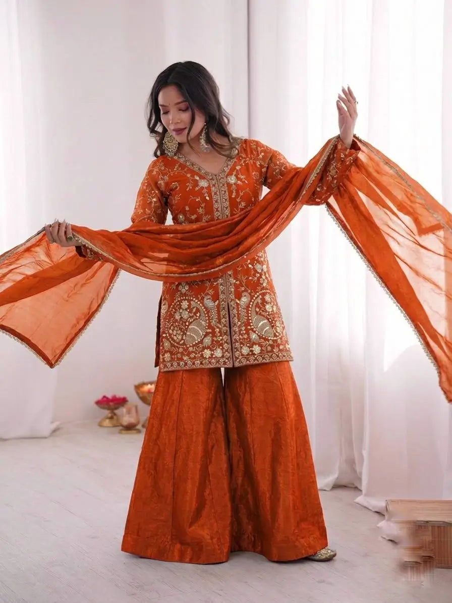 Elegant Fendy Silk Palazzo Suit Set for Festive and Occasion Wear