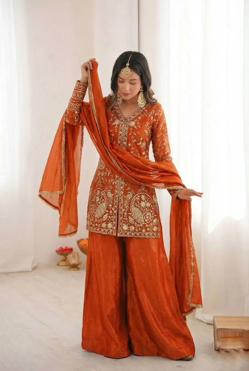 Elegant Fendy Silk Palazzo Suit Set for Festive and Occasion Wear