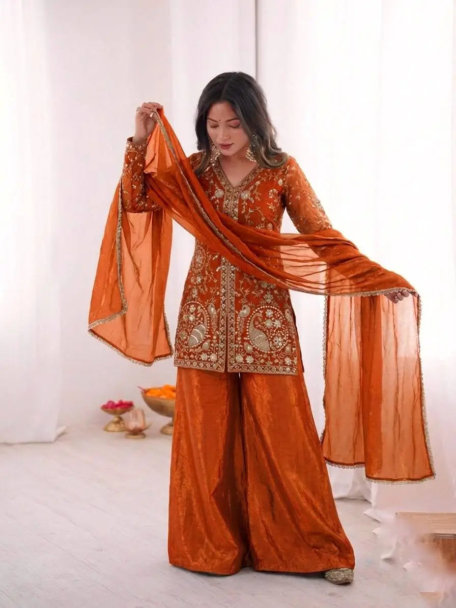 Elegant Fendy Silk Palazzo Suit Set for Festive and Occasion Wear