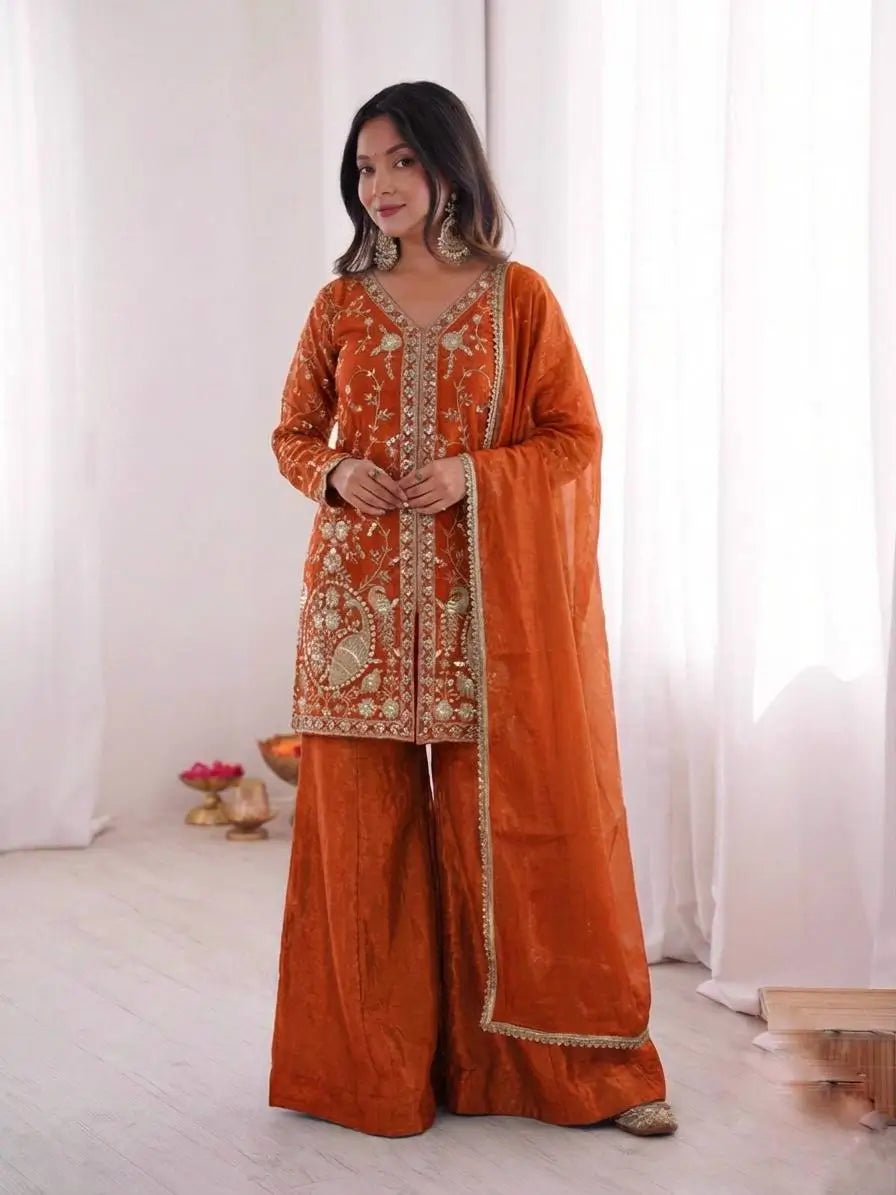 Elegant Fendy Silk Palazzo Suit Set for Festive and Occasion Wear
