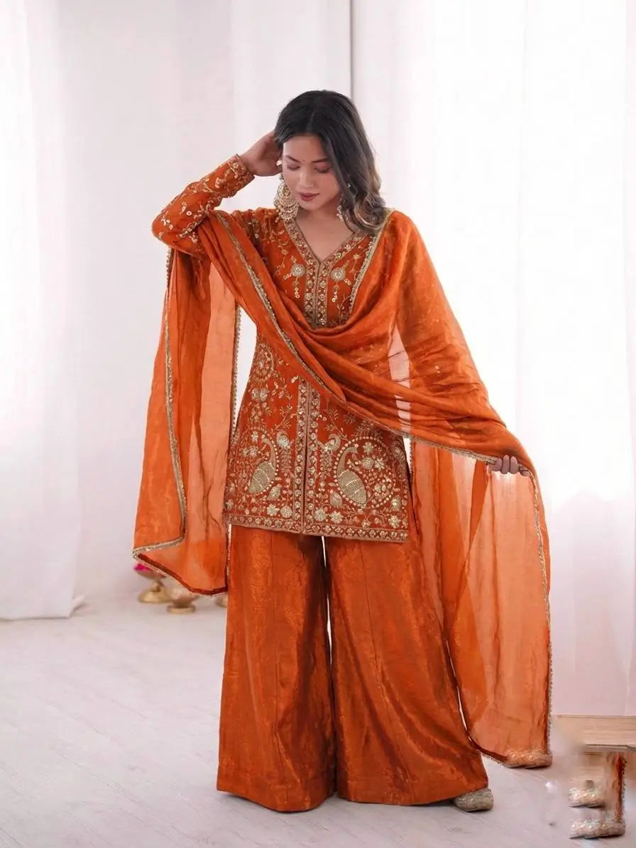Elegant Fendy Silk Palazzo Suit Set for Festive and Occasion Wear