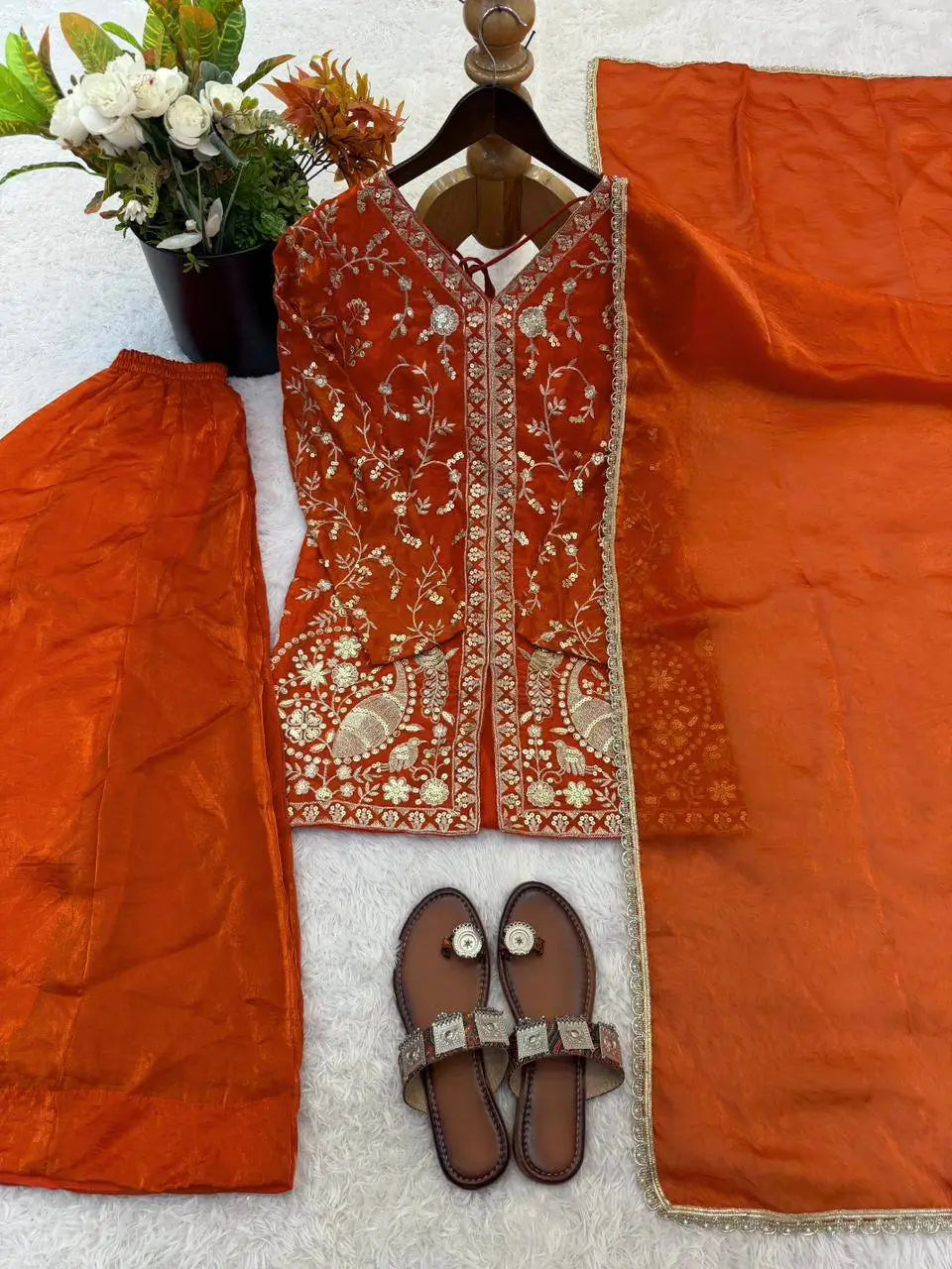 Elegant Fendy Silk Palazzo Suit Set for Festive and Occasion Wear