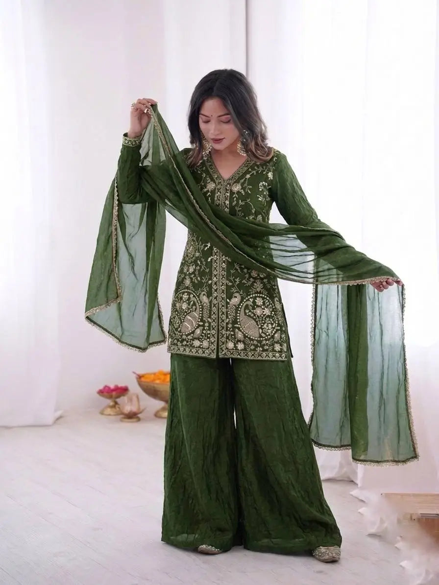 Elegant Fendy Silk Palazzo Suit Set for Festive and Occasion Wear
