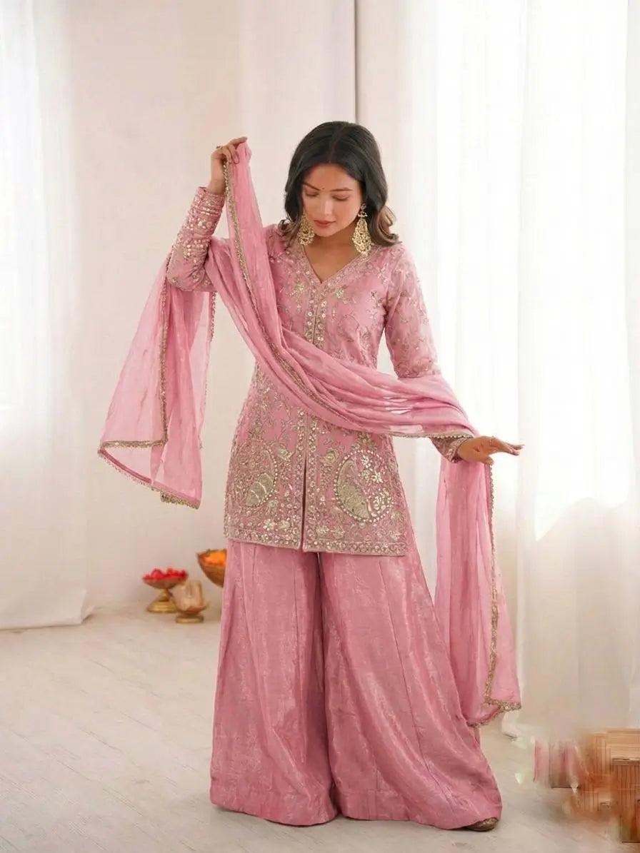 Elegant Fendy Silk Palazzo Suit Set for Festive and Occasion Wear