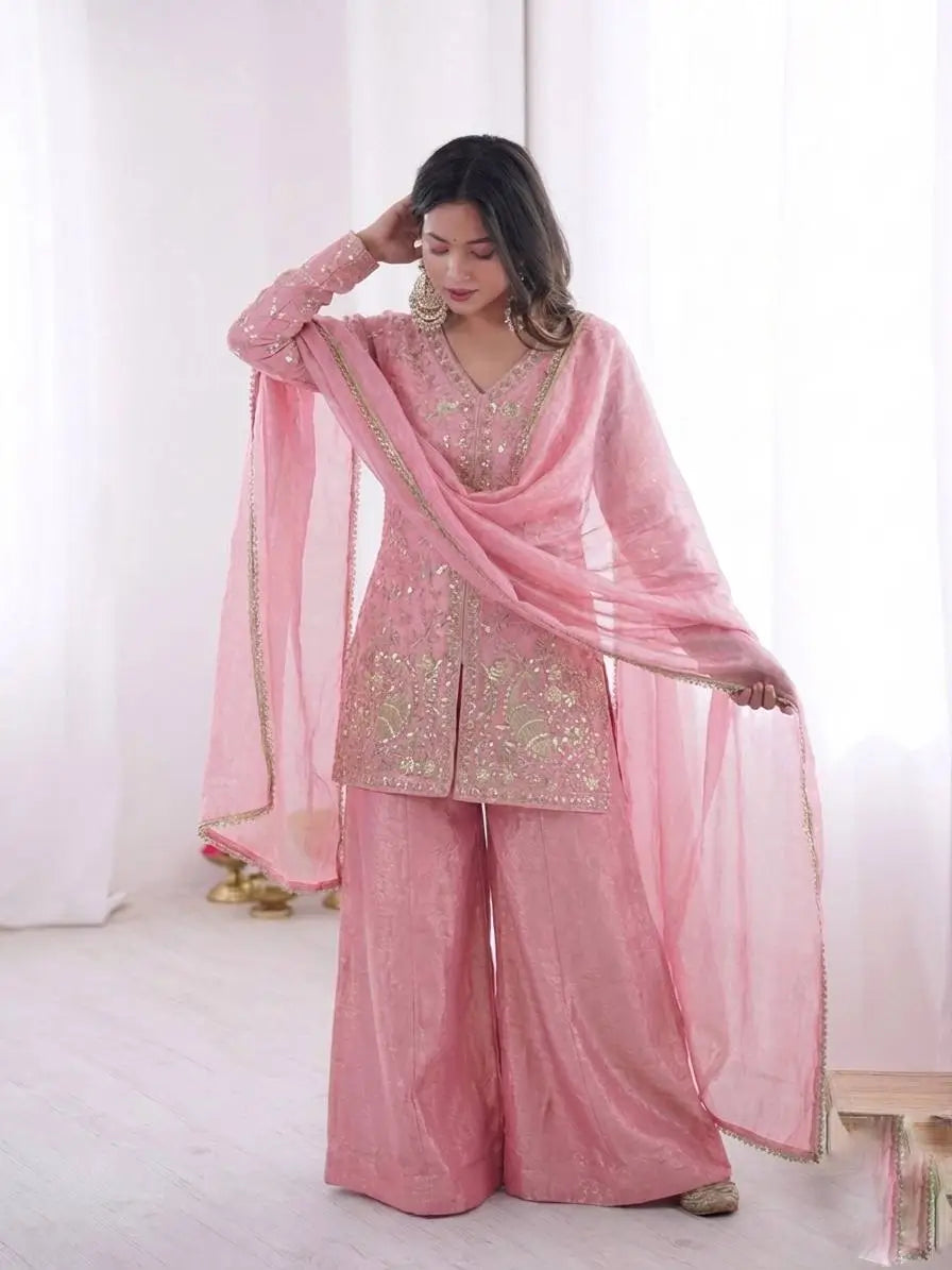 Elegant Fendy Silk Palazzo Suit Set for Festive and Occasion Wear
