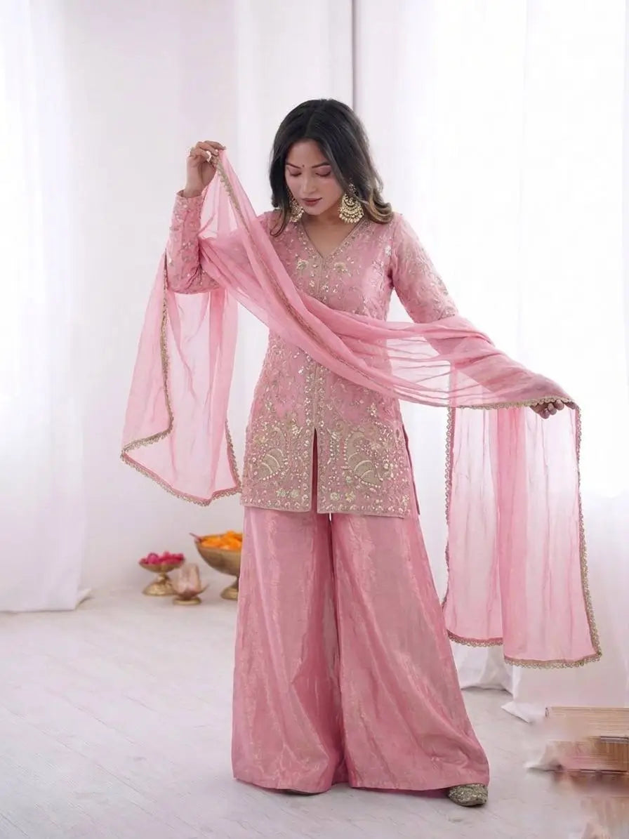 Elegant Fendy Silk Palazzo Suit Set for Festive and Occasion Wear