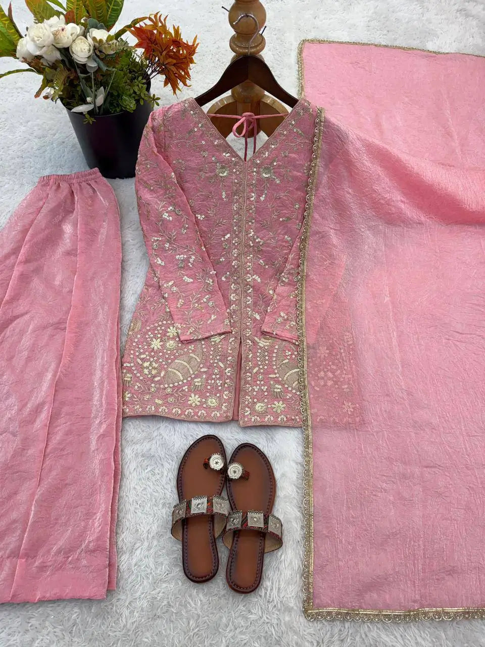 Elegant Fendy Silk Palazzo Suit Set for Festive and Occasion Wear