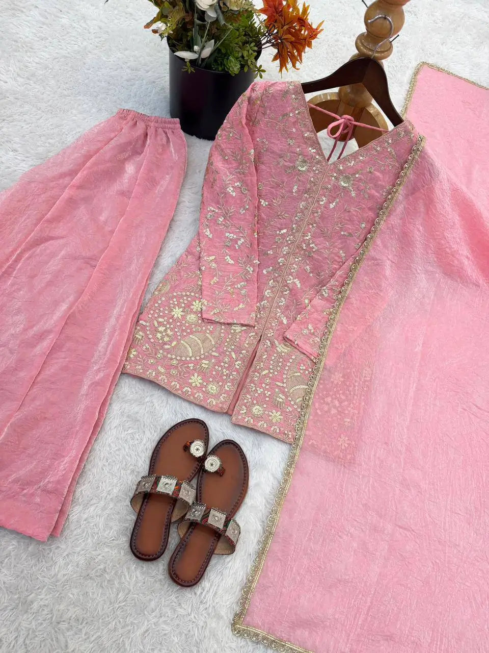 Elegant Fendy Silk Palazzo Suit Set for Festive and Occasion Wear