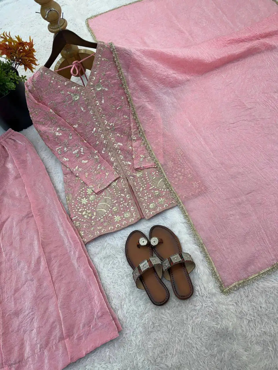 Elegant Fendy Silk Palazzo Suit Set for Festive and Occasion Wear