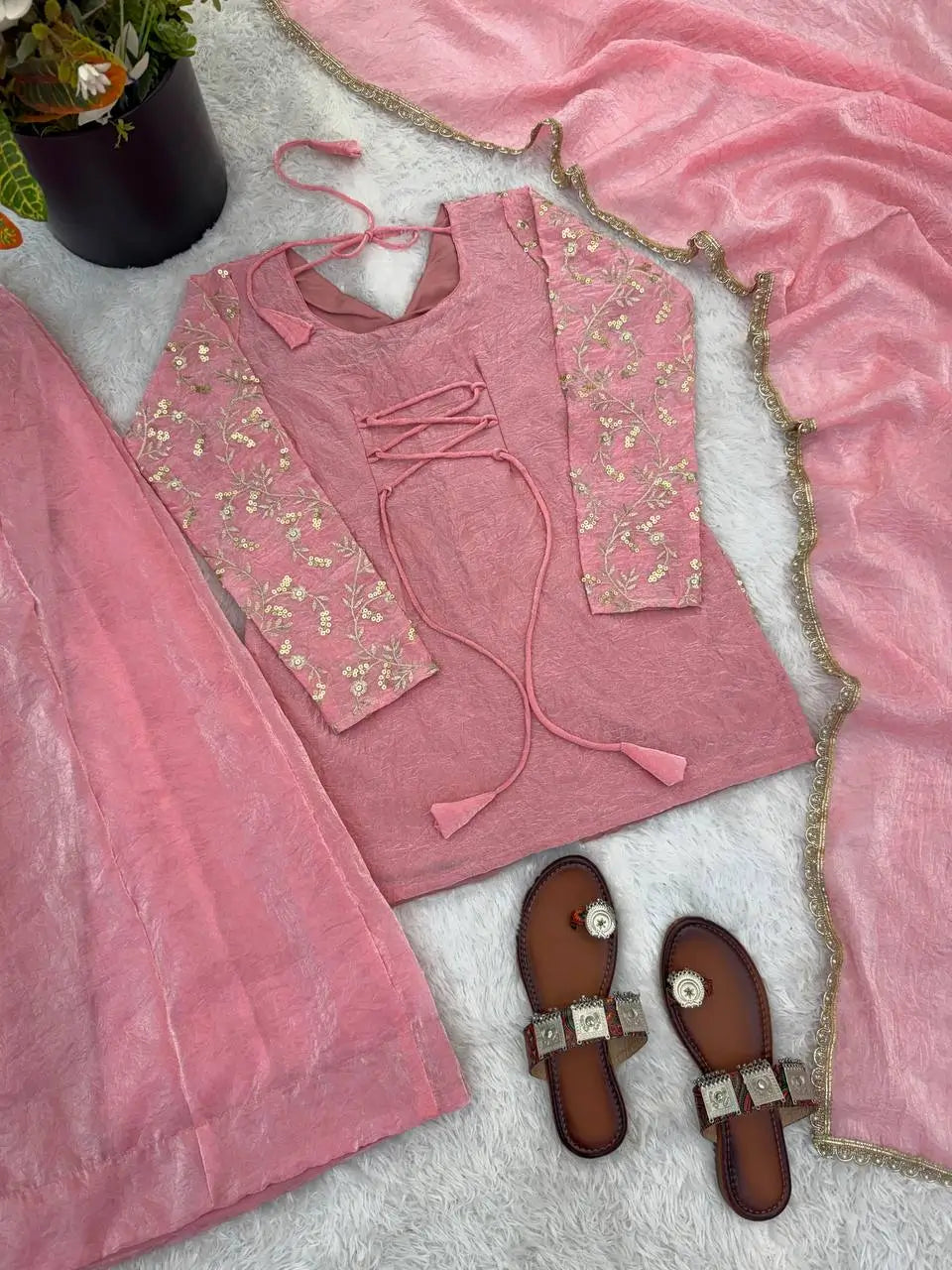 Elegant Fendy Silk Palazzo Suit Set for Festive and Occasion Wear