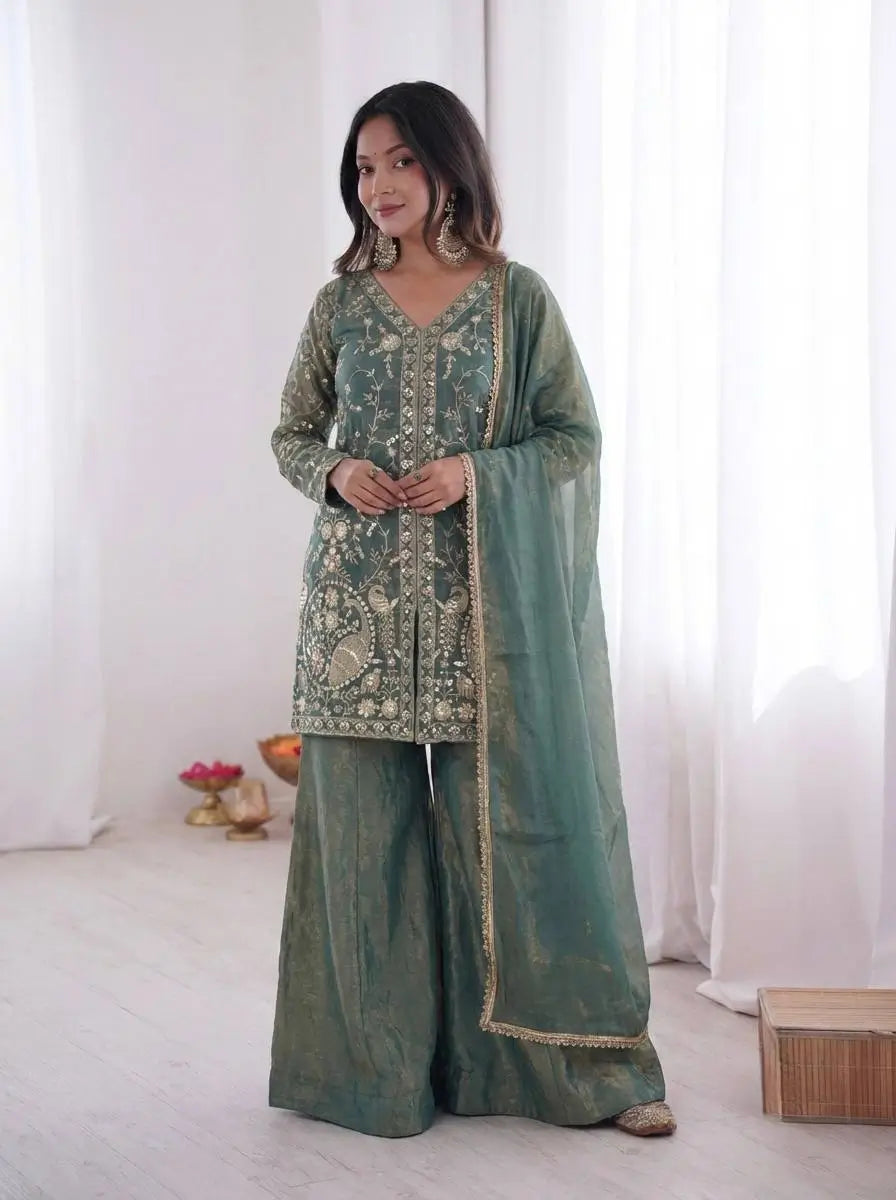 Elegant Fendy Silk Palazzo Suit Set for Festive and Occasion Wear