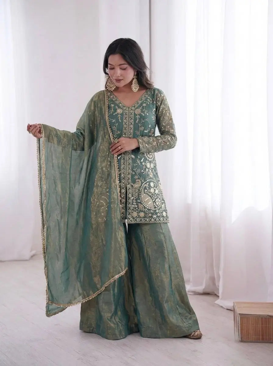 Elegant Fendy Silk Palazzo Suit Set for Festive and Occasion Wear