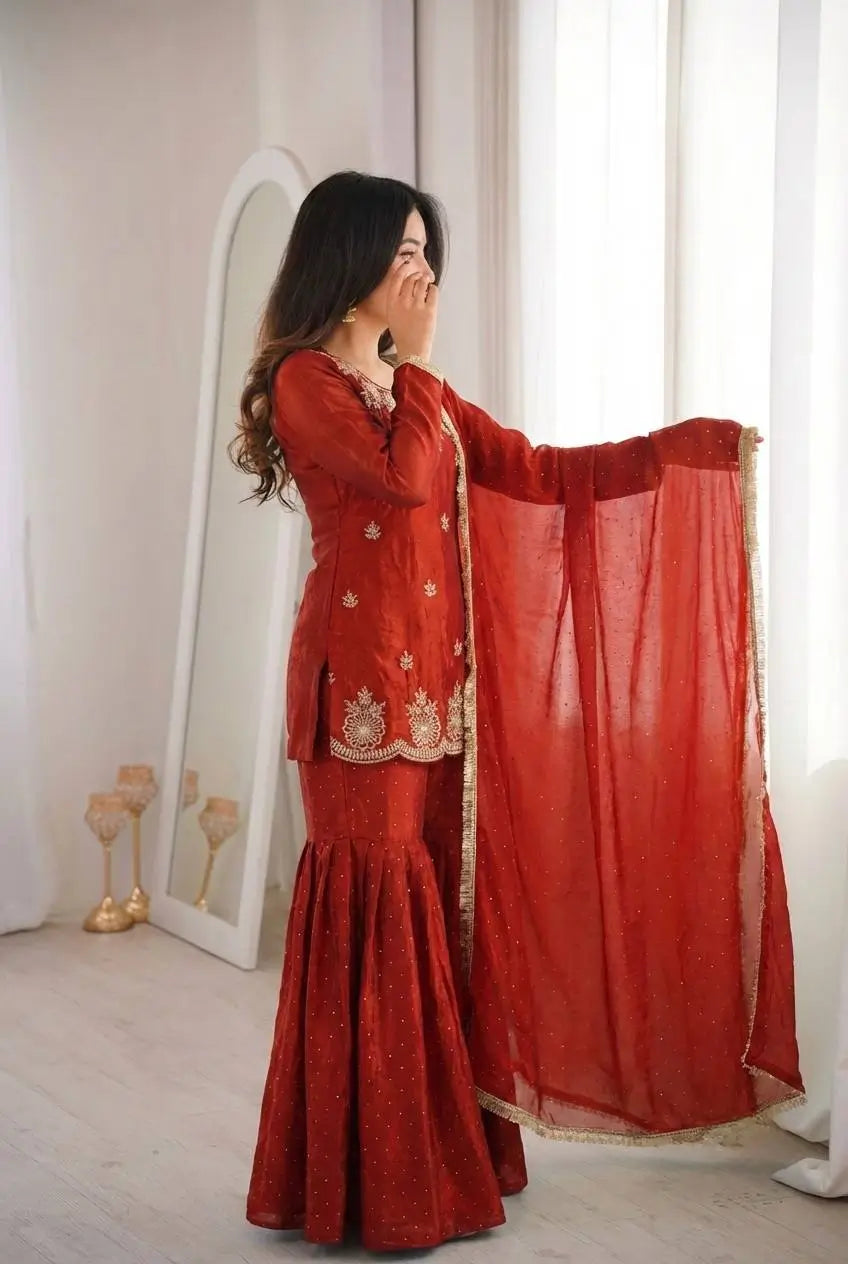 Elegant Fendy Silk Sharara Suit with Zarkan Work for Festive and Wedding Wear
