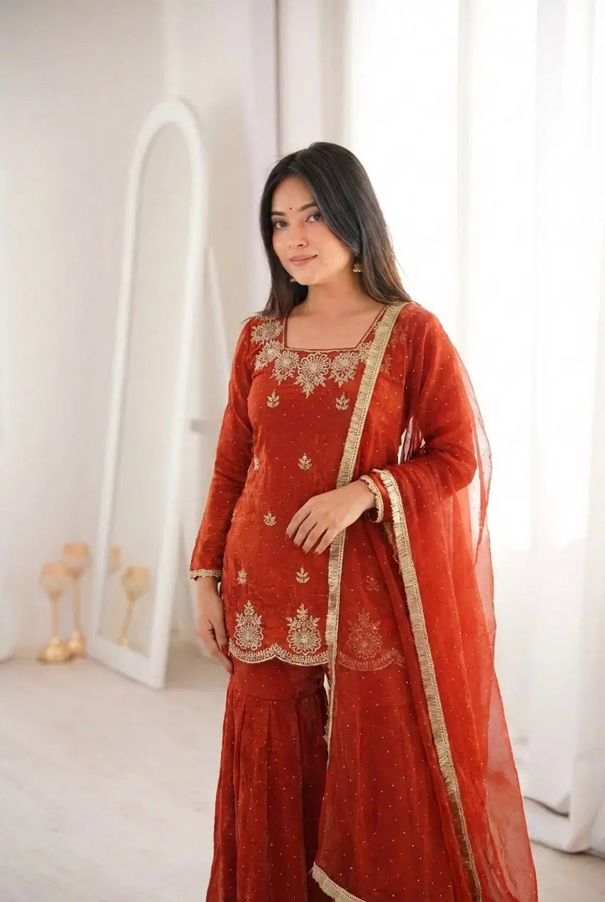 Elegant Fendy Silk Sharara Suit with Zarkan Work for Festive and Wedding Wear