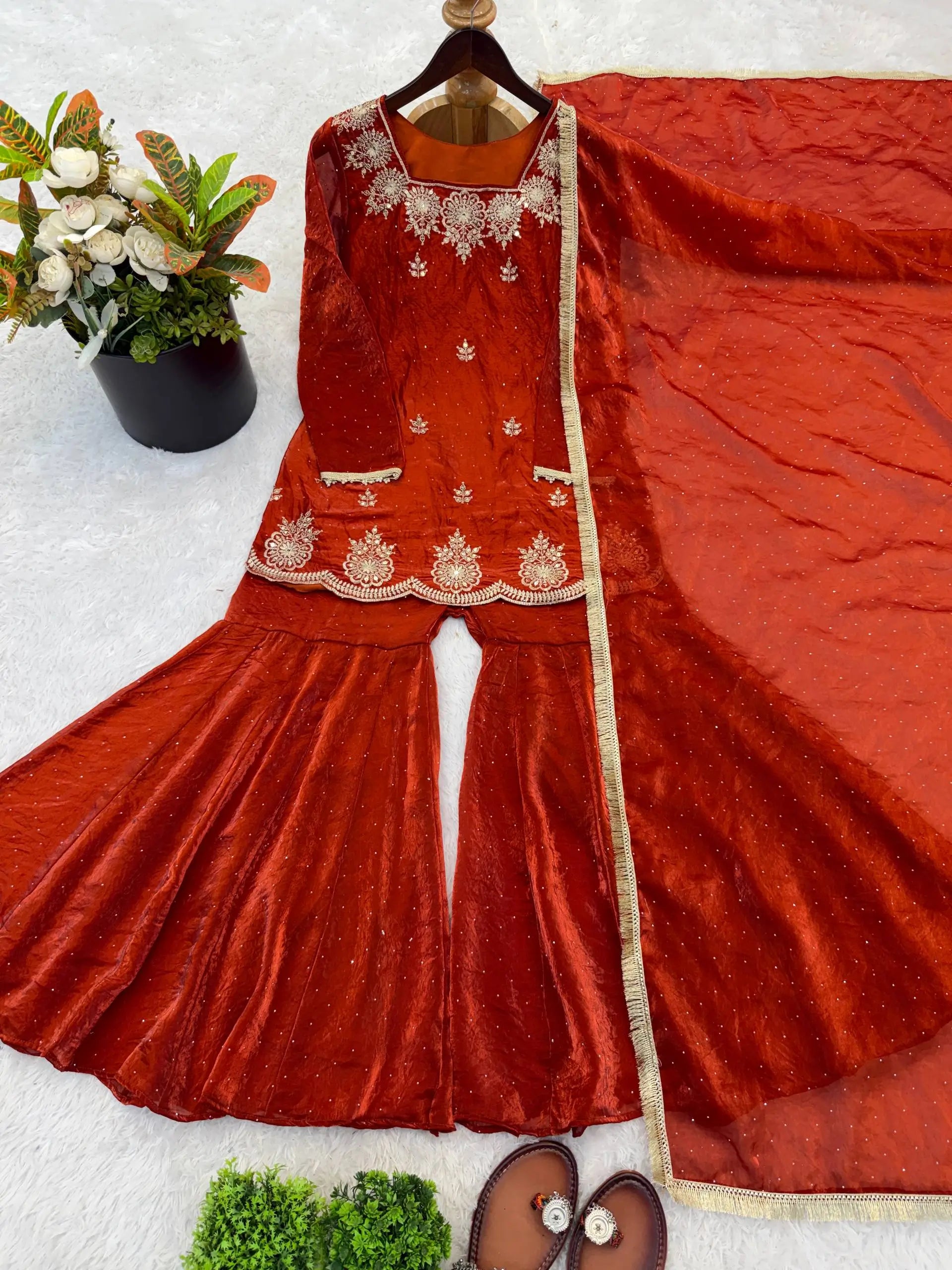 Elegant Fendy Silk Sharara Suit with Zarkan Work for Festive and Wedding Wear