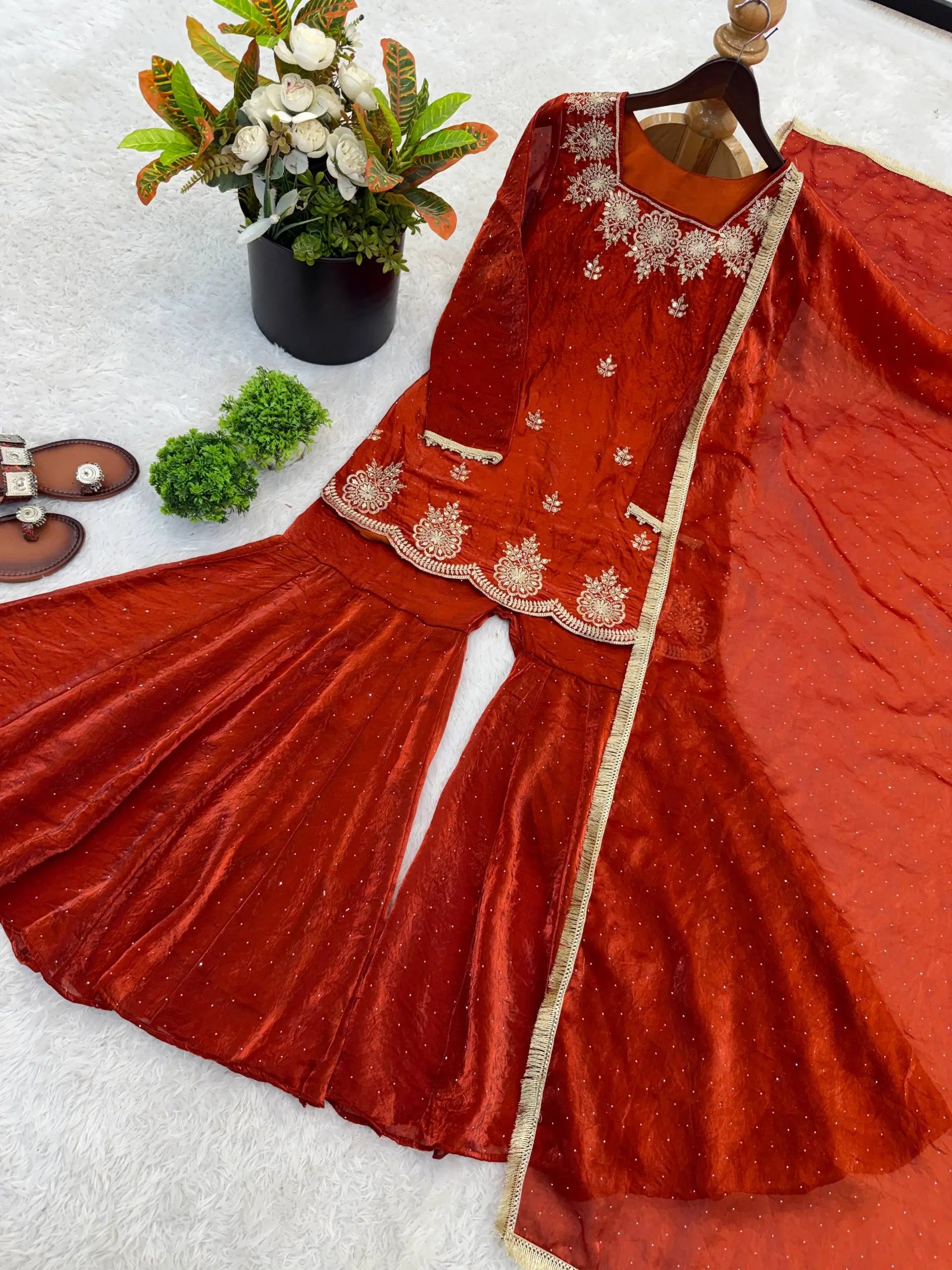 Elegant Fendy Silk Sharara Suit with Zarkan Work for Festive and Wedding Wear