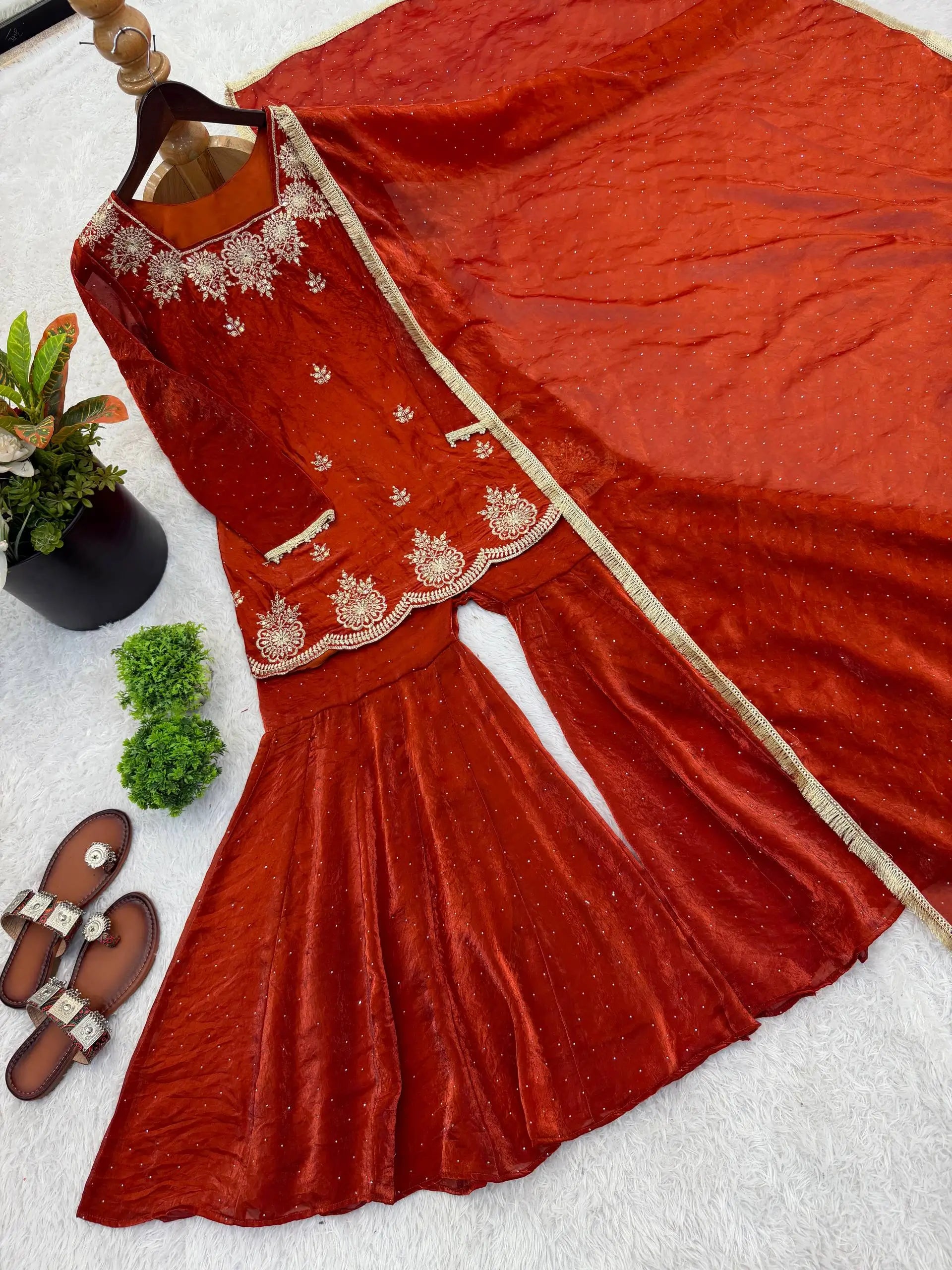Elegant Fendy Silk Sharara Suit with Zarkan Work for Festive and Wedding Wear