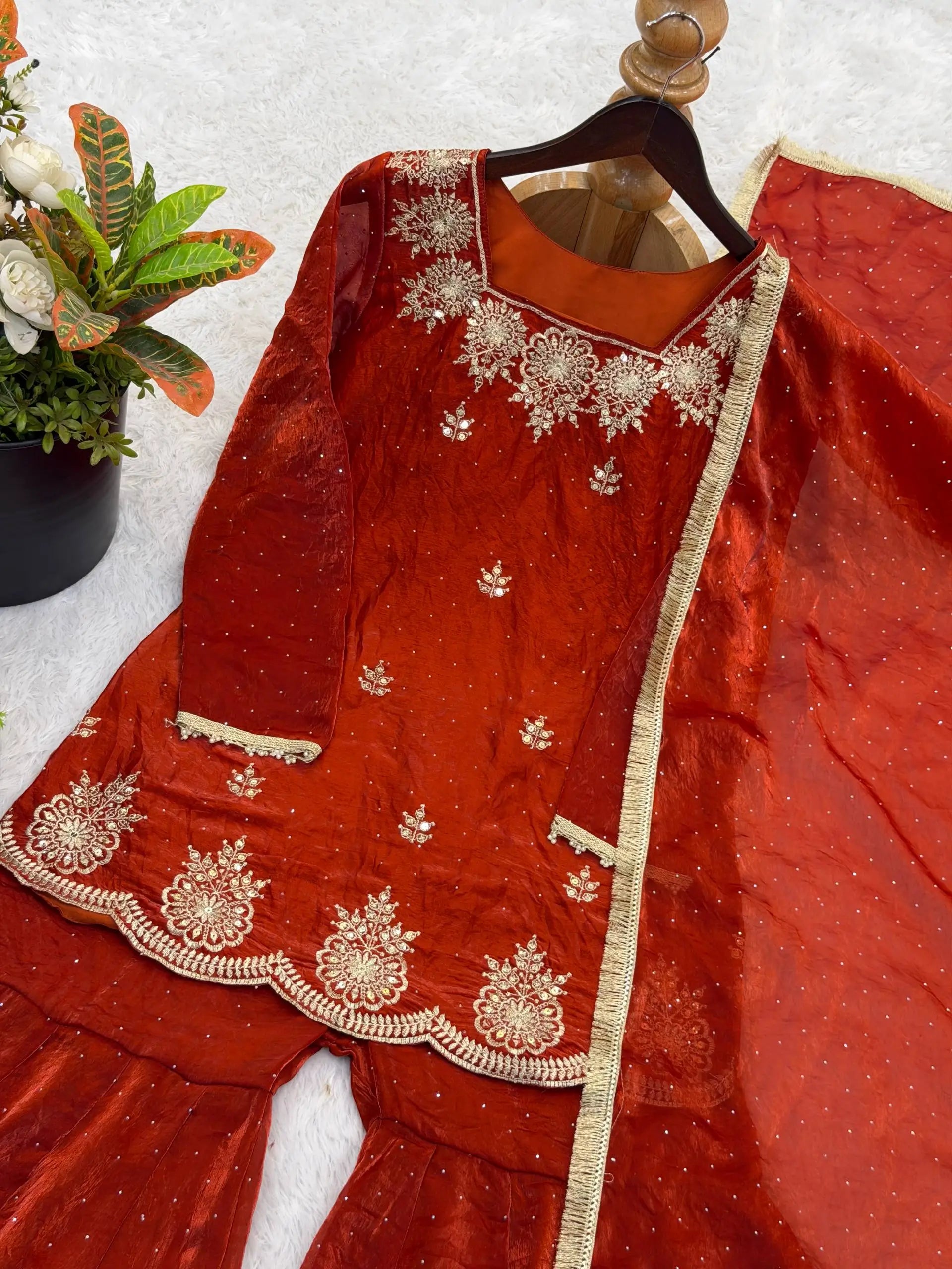 Elegant Fendy Silk Sharara Suit with Zarkan Work for Festive and Wedding Wear