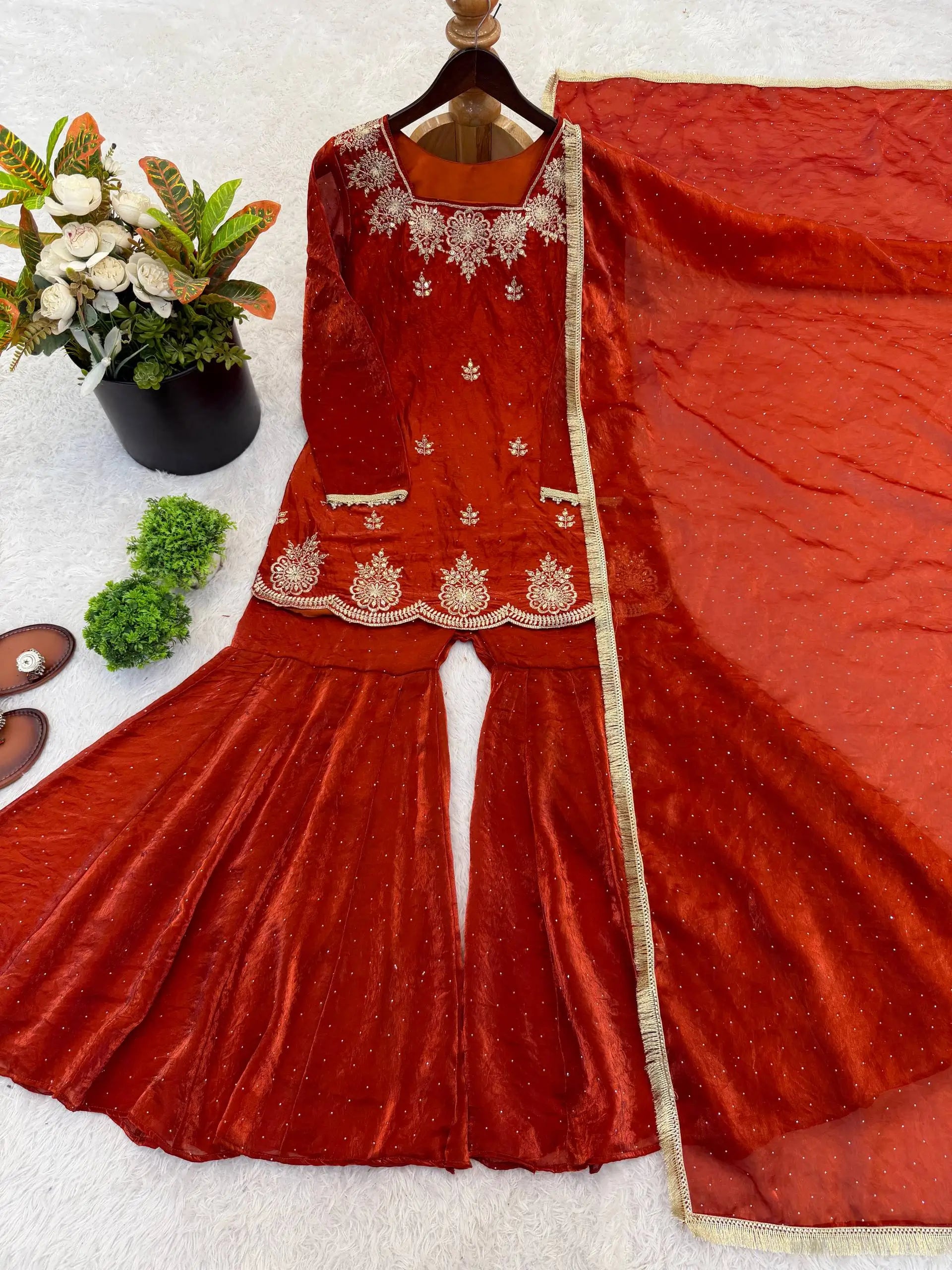 Elegant Fendy Silk Sharara Suit with Zarkan Work for Festive and Wedding Wear