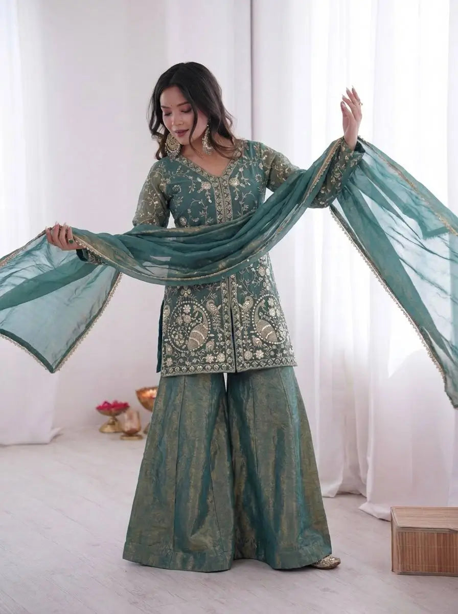Elegant Fendy Silk Sharara Suit with Zarkan Work for Festive and Wedding Wear
