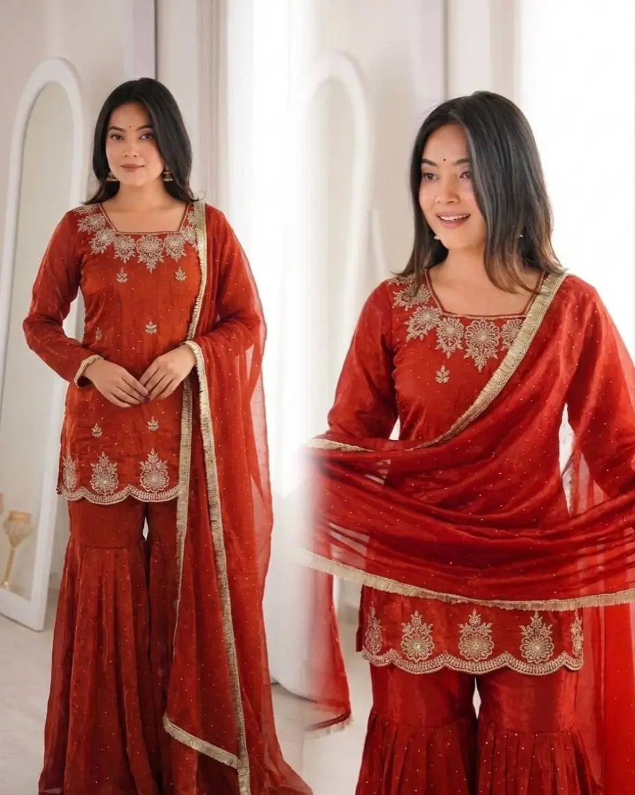 Elegant Fendy Silk Sharara Suit with Zarkan Work for Festive and Wedding Wear