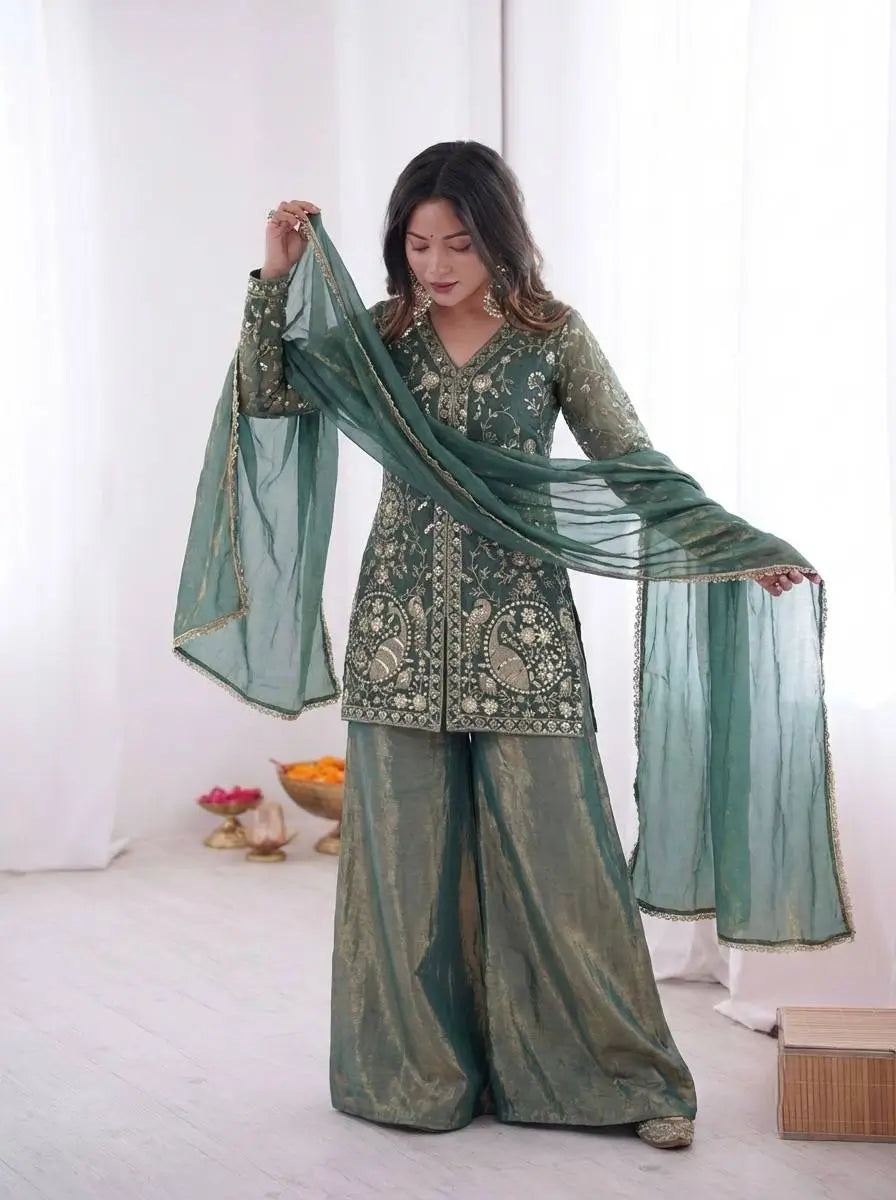 Elegant Fendy Silk Sharara Suit with Zarkan Work for Festive and Wedding Wear