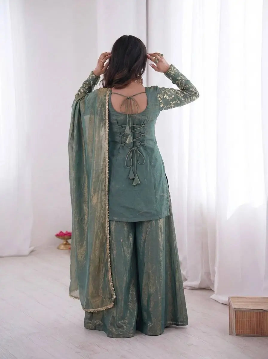 Elegant Fendy Silk Sharara Suit with Zarkan Work for Festive and Wedding Wear