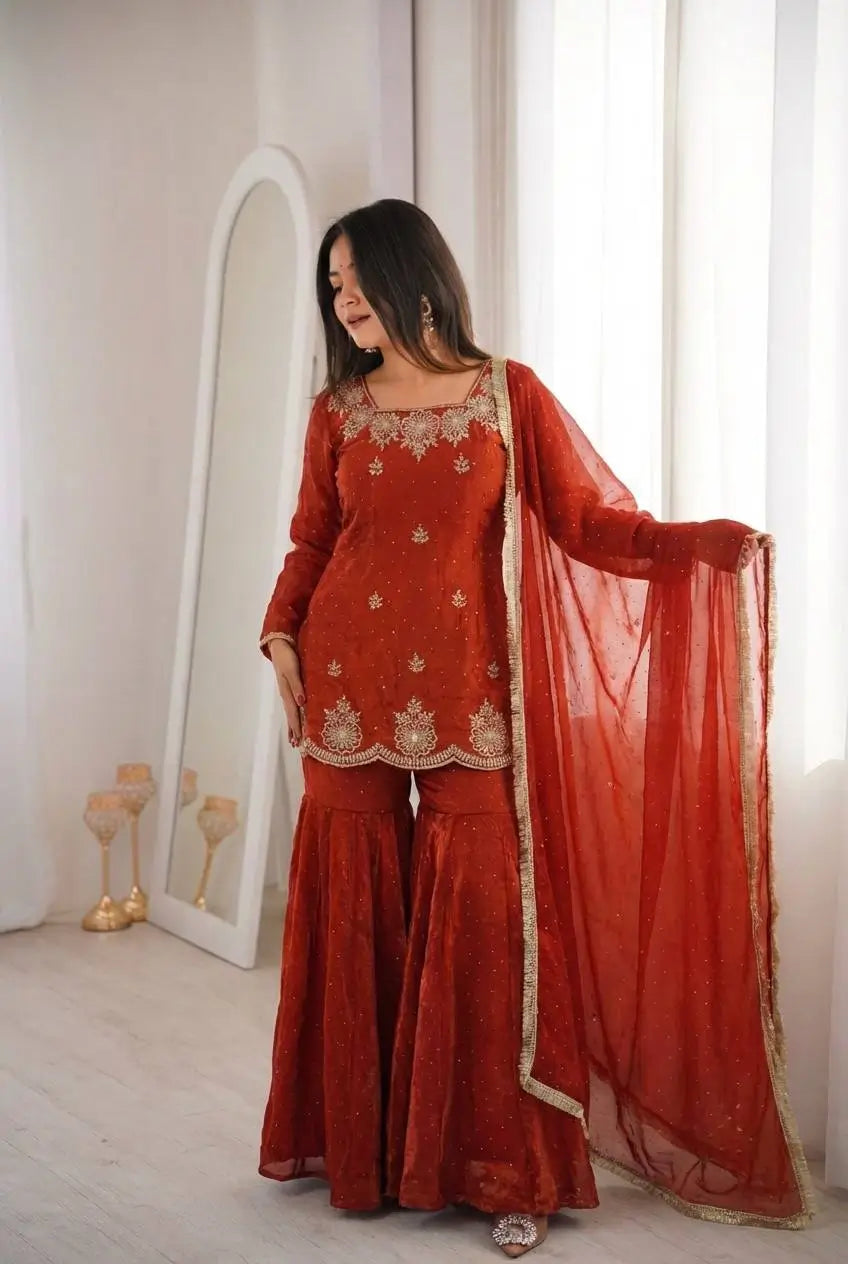 Elegant Fendy Silk Sharara Suit with Zarkan Work for Festive and Wedding Wear