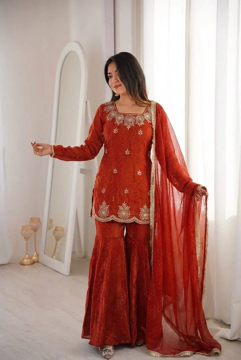 Elegant Fendy Silk Sharara Suit with Zarkan Work for Festive and Wedding Wear