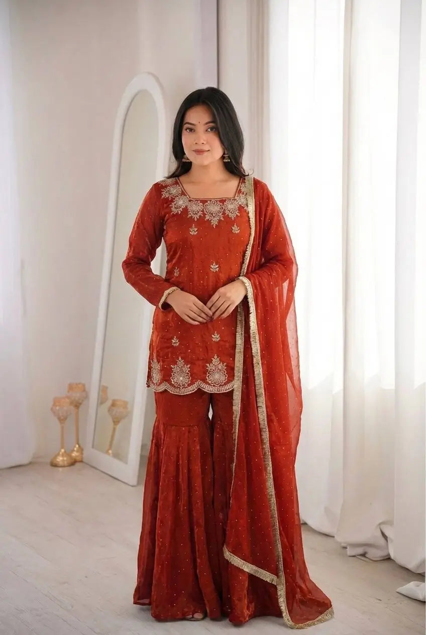 Elegant Fendy Silk Sharara Suit with Zarkan Work for Festive and Wedding Wear