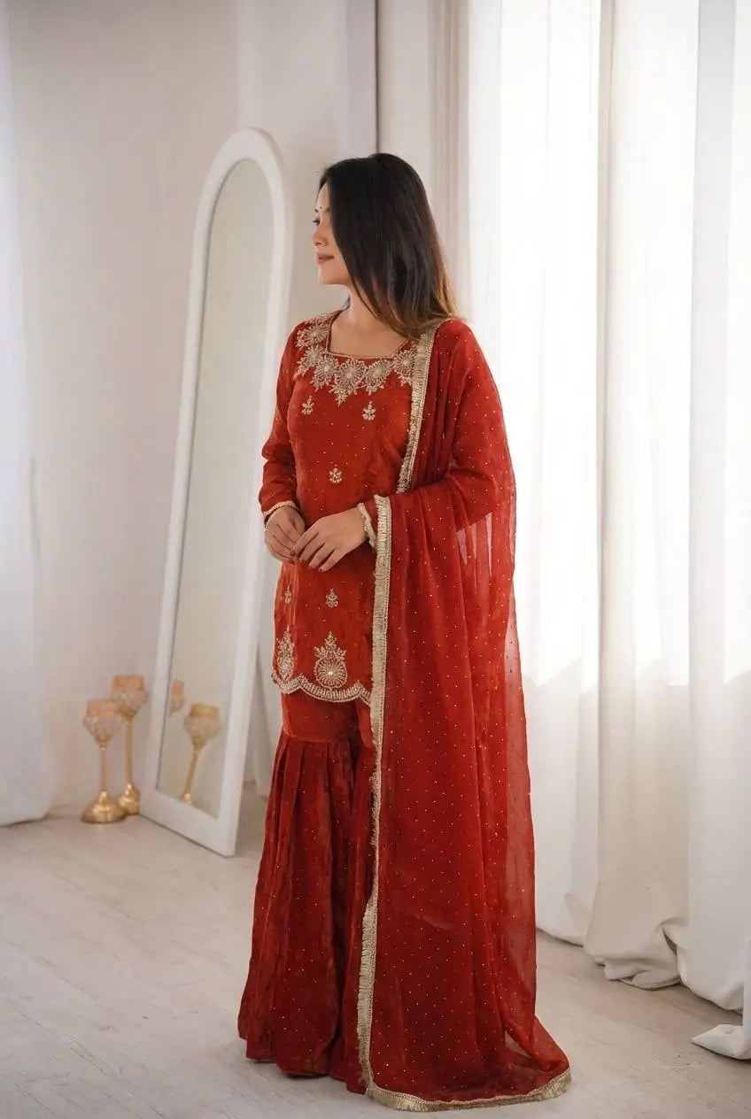 Elegant Fendy Silk Sharara Suit with Zarkan Work for Festive and Wedding Wear