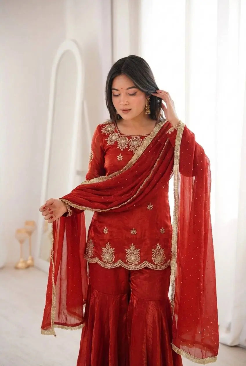 Elegant Fendy Silk Sharara Suit with Zarkan Work for Festive and Wedding Wear