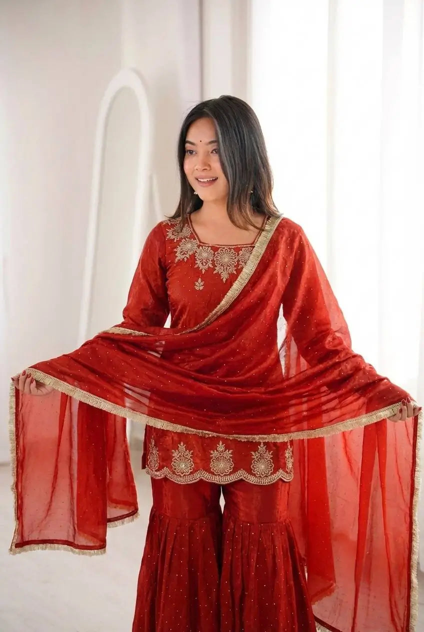 Elegant Fendy Silk Sharara Suit with Zarkan Work for Festive and Wedding Wear