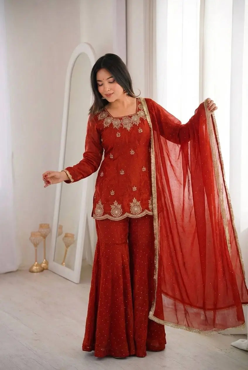Elegant Fendy Silk Sharara Suit with Zarkan Work for Festive and Wedding Wear