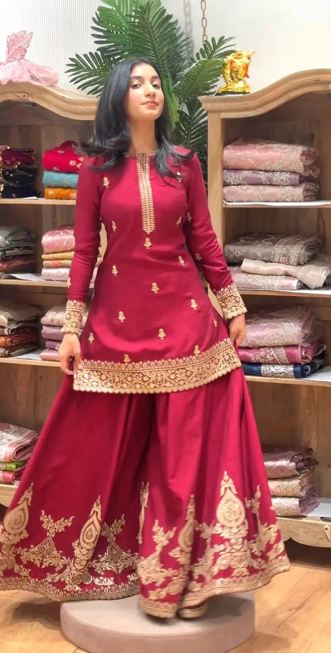 Elegant Festive Embroidered Crepe Silk Sharara Set for Wedding and Celebration Wear