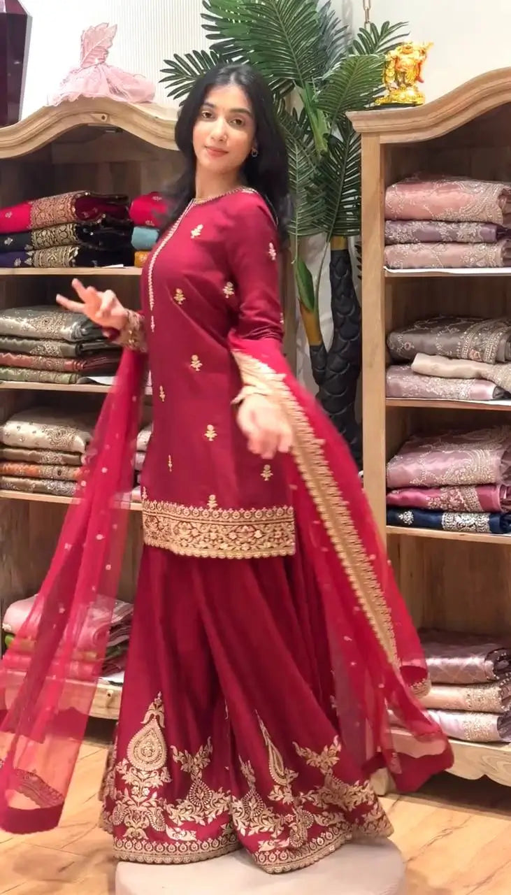 Elegant Festive Embroidered Crepe Silk Sharara Set for Wedding and Celebration Wear