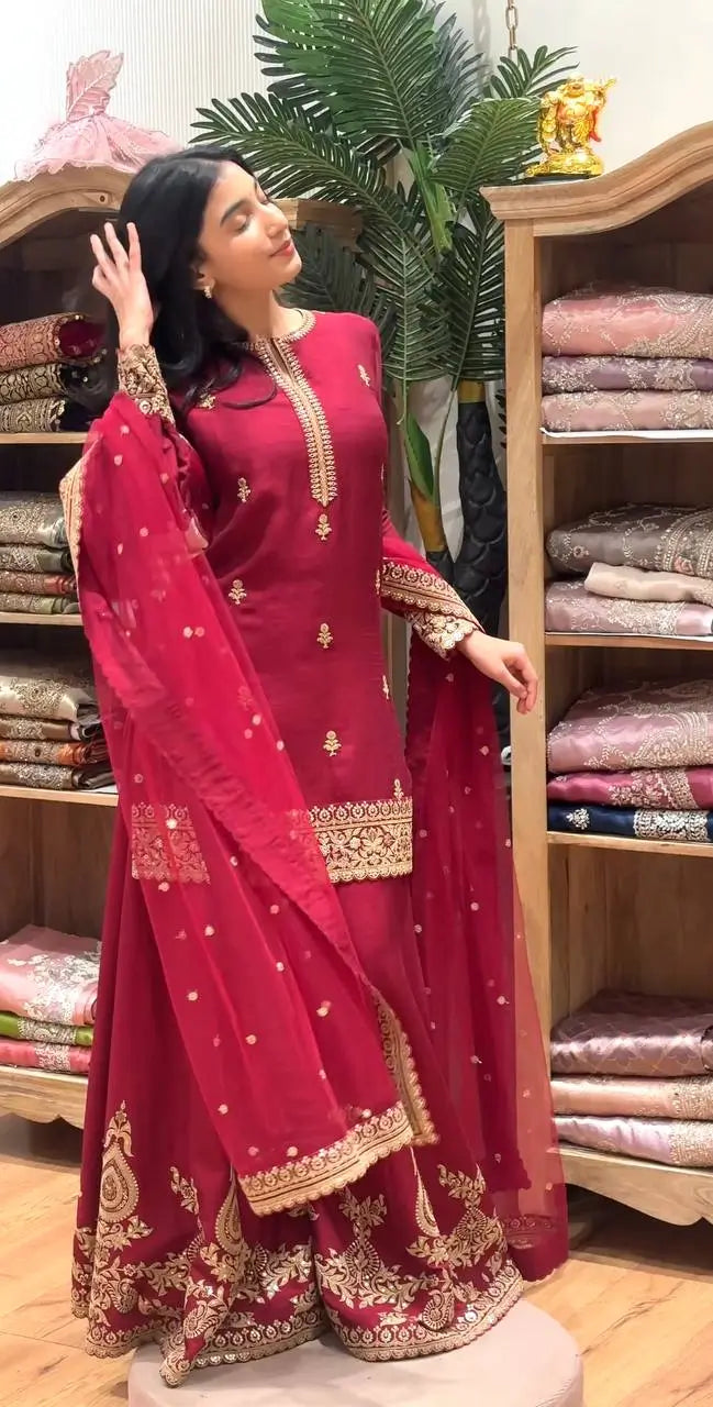 Elegant Festive Embroidered Crepe Silk Sharara Set for Wedding and Celebration Wear