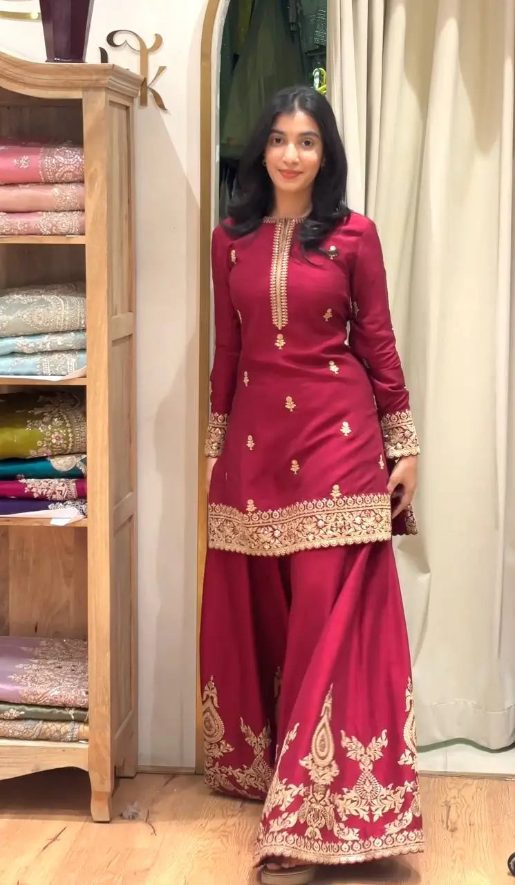 Elegant Festive Embroidered Crepe Silk Sharara Set for Wedding and Celebration Wear