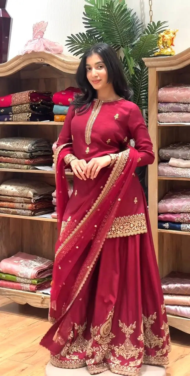 Elegant Festive Embroidered Crepe Silk Sharara Set for Wedding and Celebration Wear