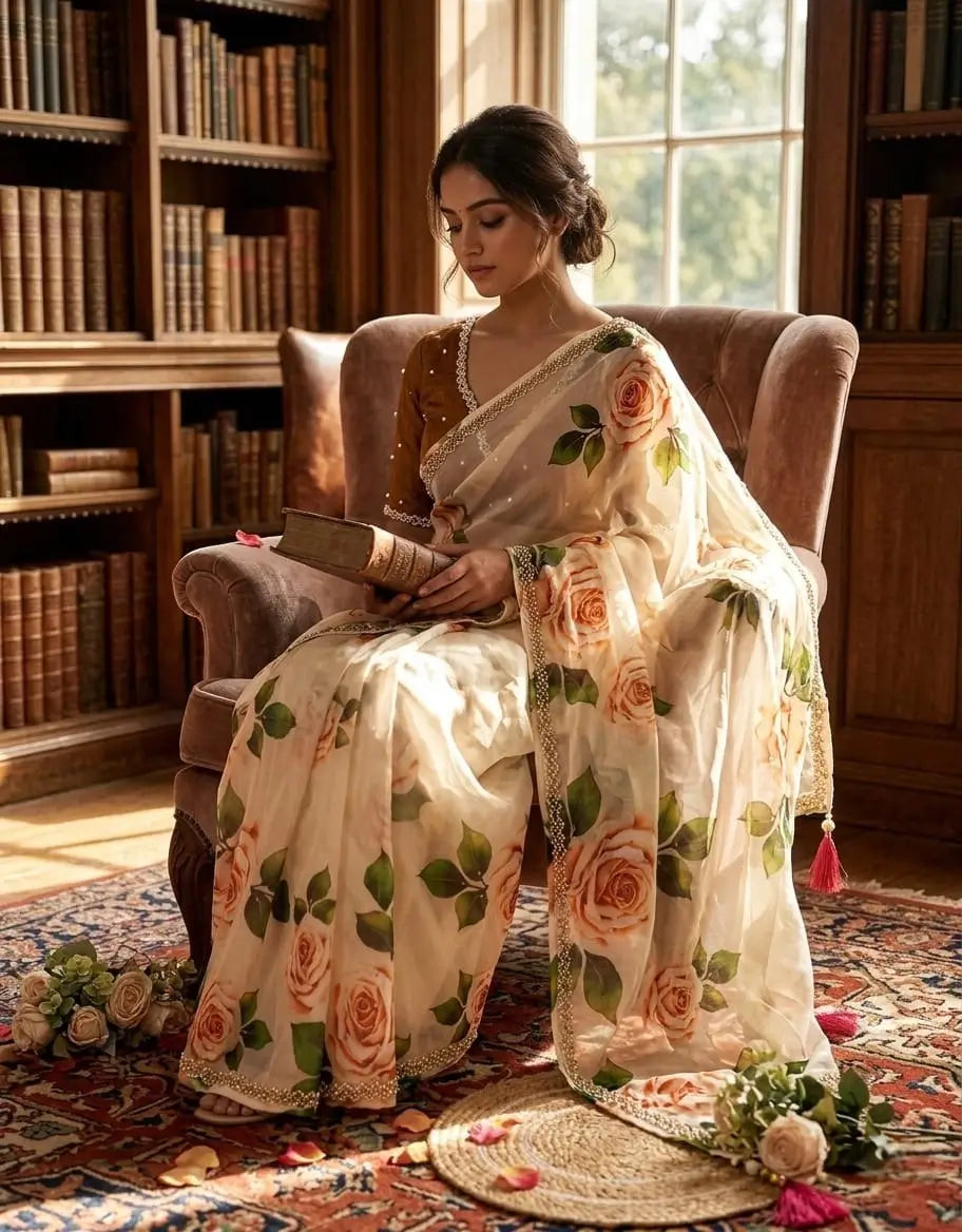 Elegant Floral Printed Saree for Festive and Party Wear
